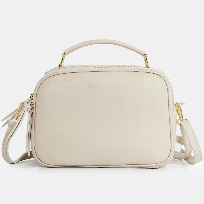 Bolso de bandolera de piel con asa de mano doble cremallera Beige Elsa