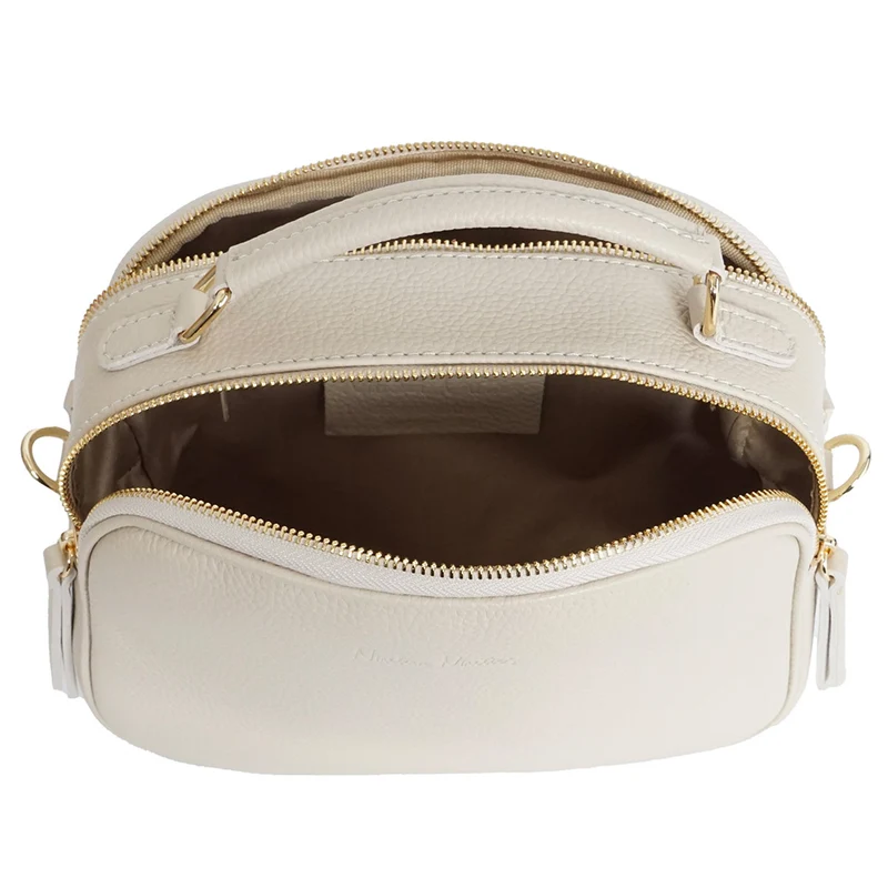 Bolso de bandolera de piel con asa de mano doble cremallera Beige Elsa