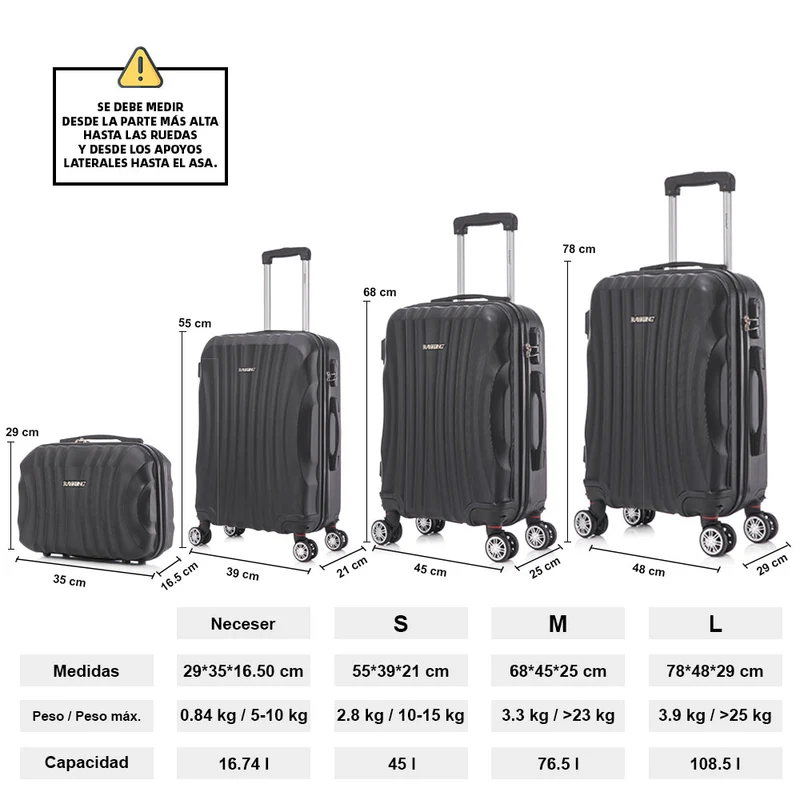Raykong Conjunto de maletas de viaje de 4 piezas Neceser(29cm)/55cm/68cm/78cm ABS Waves - Negro