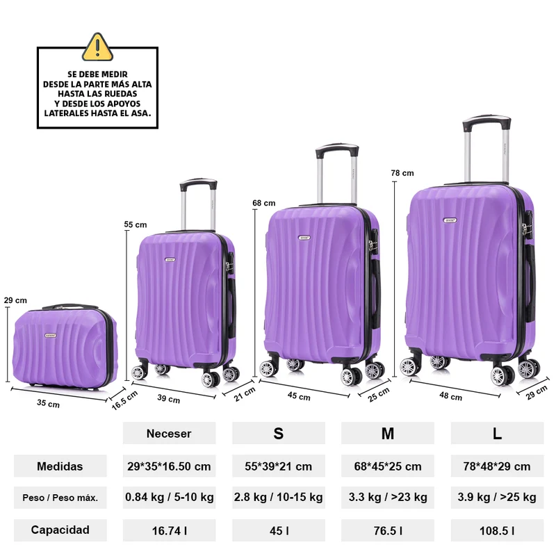 Raykong Conjunto de maletas de viaje de 4 piezas Neceser(29cm)/55cm/68cm/78cm ABS Waves - Morada