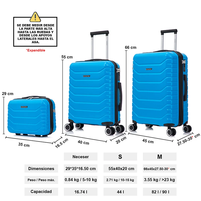 Conjunto de 3 Maletas|Neceser 29x35x16.50cm|Maleta Cabina ABS+PC 55x40x20cm|Mediana Expandible 20kg-23kg - 66x45x27.50-30cm | Turquesa