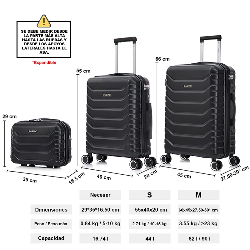 Conjunto de 3 Maletas|Neceser 29x35x16.50cm|Maleta Cabina ABS+PC 55x40x20cm|Mediana Expandible 20kg-23kg - 66x45x27.50-30cm | Negro