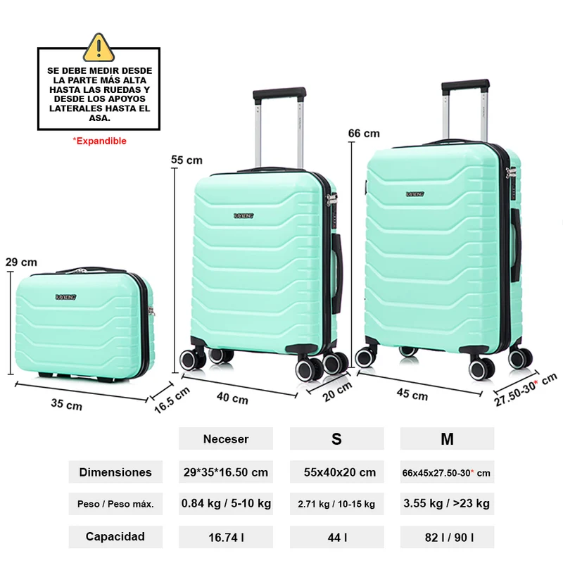 Conjunto de 3 Maletas|Neceser 29x35x16.50cm|Maleta Cabina ABS+PC 55x40x20cm|Mediana Expandible 20kg-23kg - 66x45x27.50-30cm | Menta