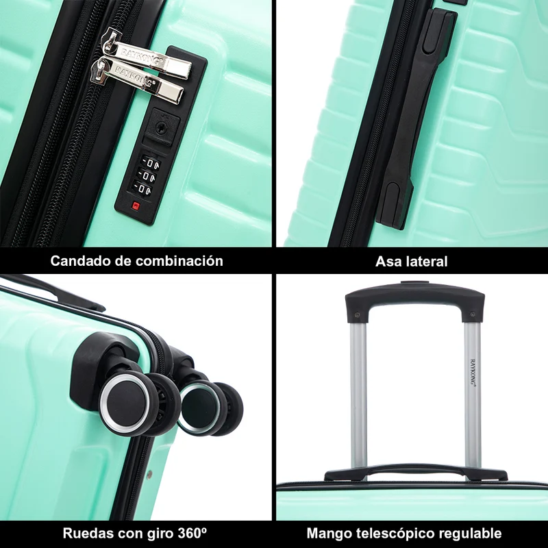 Conjunto de 3 Maletas|Neceser 29x35x16.50cm|Maleta Cabina ABS+PC 55x40x20cm|Mediana Expandible 20kg-23kg - 66x45x27.50-30cm | Menta