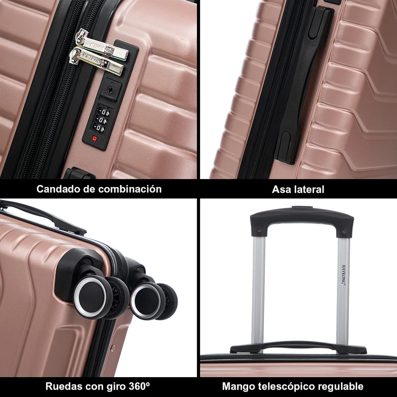 Conjunto de 3 Maletas|Neceser 29x35x16.50cm|Maleta Cabina ABS+PC 55x40x20cm|Mediana Expandible 20kg-23kg - 66x45x27.50-30cm | RosaDorada