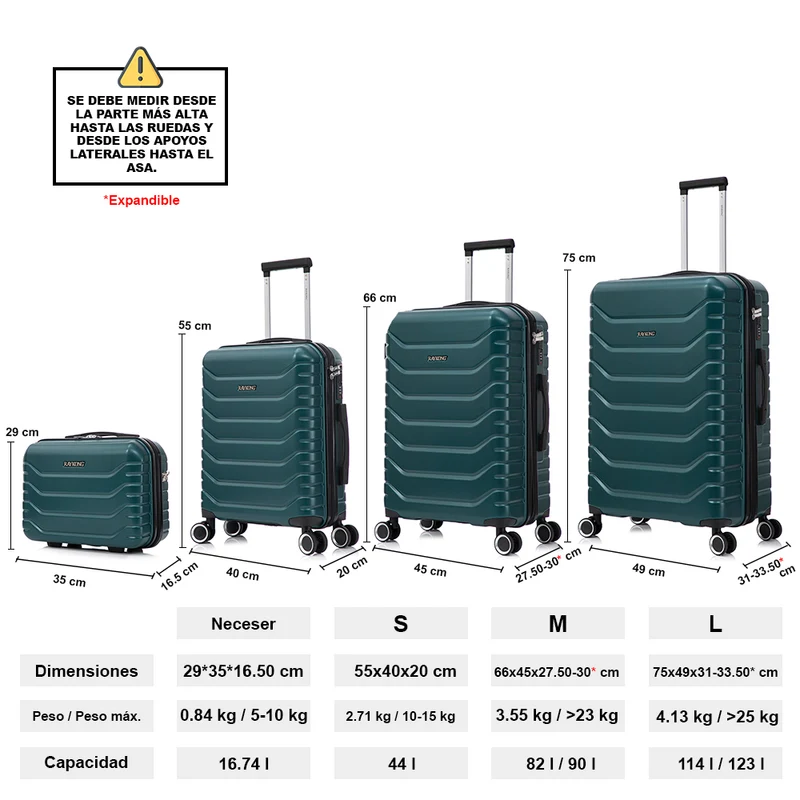 Conjunto de 4 Maletas ABS+PC|Neceser 29cm|Cabina 55x40x20cm|Mediana Expandible 20kg-23kg - 66x45x27.50-30cm|Grande Expandible 23kg-25kg - 75x49x31-33.50cm | Verde