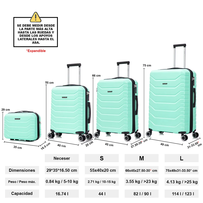 Conjunto de 4 Maletas ABS+PC|Neceser 29cm|Cabina 55x40x20cm|Mediana Expandible 20kg-23kg - 66x45x27.50-30cm|Grande Expandible 23kg-25kg - 75x49x31-33.50cm | Menta