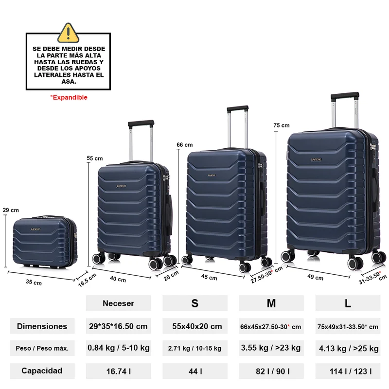 Conjunto de 4 Maletas ABS+PC|Neceser 29cm|Cabina 55x40x20cm|Mediana Expandible 20kg-23kg - 66x45x27.50-30cm|Grande Expandible 23kg-25kg - 75x49x31-33.50cm | AzulMarino