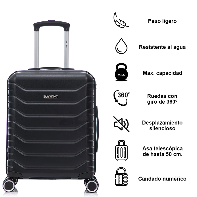 Conjunto de 4 Maletas ABS+PC|Neceser 29cm|Cabina 55x40x20cm|Mediana Expandible 20kg-23kg - 66x45x27.50-30cm|Grande Expandible 23kg-25kg - 75x49x31-33.50cm | Negro