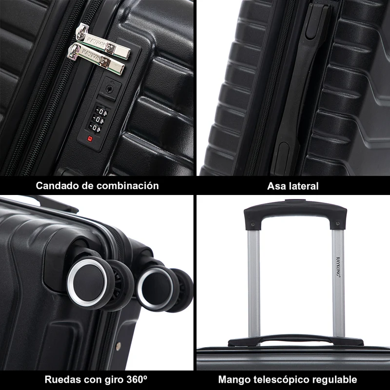 Conjunto de 4 Maletas ABS+PC|Neceser 29cm|Cabina 55x40x20cm|Mediana Expandible 20kg-23kg - 66x45x27.50-30cm|Grande Expandible 23kg-25kg - 75x49x31-33.50cm | Negro
