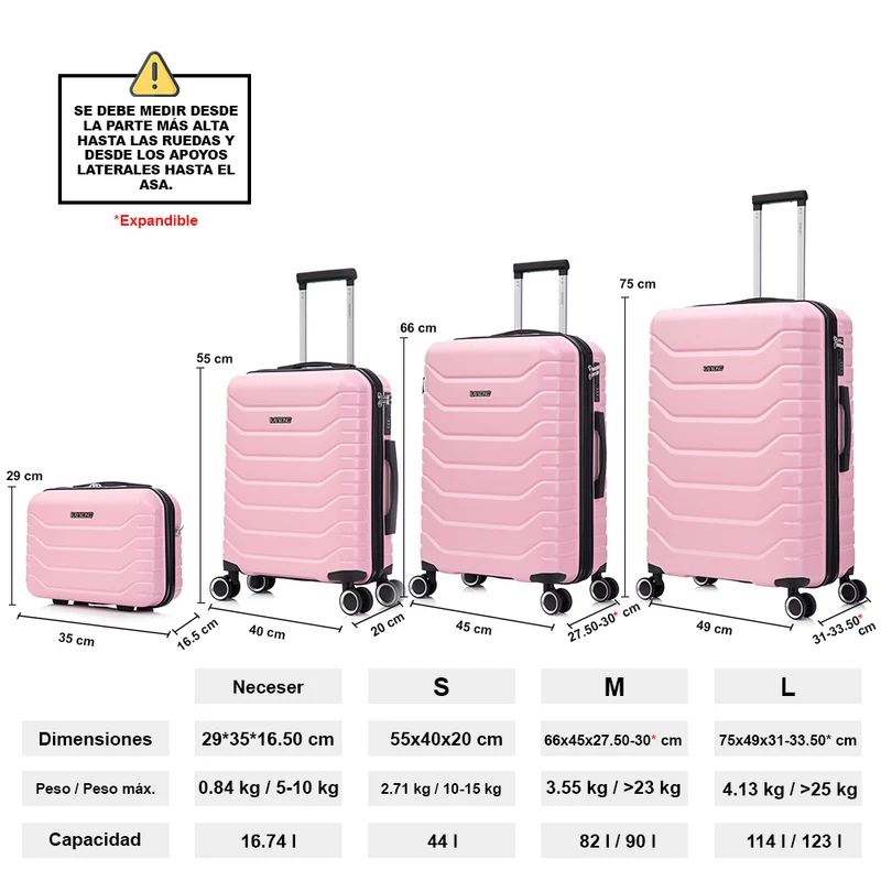 Conjunto de 4 Maletas ABS+PC|Neceser 29cm|Cabina 55x40x20cm|Mediana Expandible 20kg-23kg - 66x45x27.50-30cm|Grande Expandible 23kg-25kg - 75x49x31-33.50cm | RosaClaro