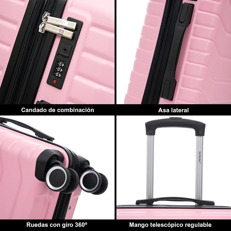 Conjunto de 4 Maletas ABS+PC|Neceser 29cm|Cabina 55x40x20cm|Mediana Expandible 20kg-23kg - 66x45x27.50-30cm|Grande Expandible 23kg-25kg - 75x49x31-33.50cm | RosaClaro