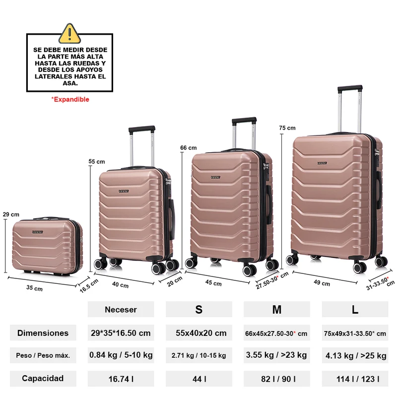 Conjunto de 4 Maletas ABS+PC|Neceser 29cm|Cabina 55x40x20cm|Mediana Expandible 20kg-23kg - 66x45x27.50-30cm|Grande Expandible 23kg-25kg - 75x49x31-33.50cm | RosaDorada