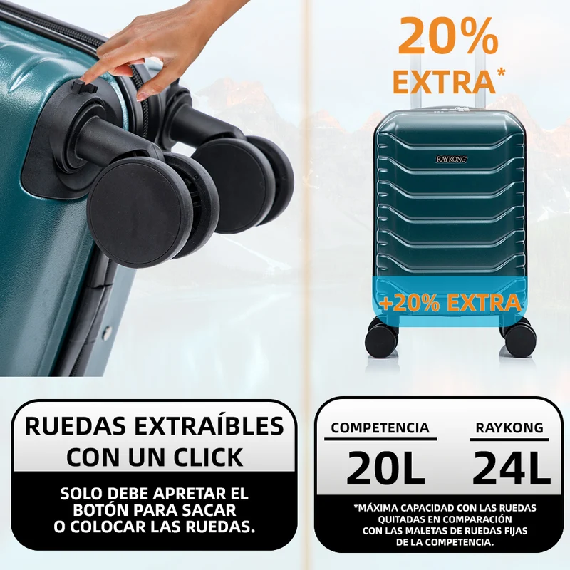 Maleta de Cabina ABS 40x30x20(24L)| Capacidad Máxima| Equipaje de Mano con Ruedas Desmontables para Ryanair | Vueling | EasyJet - Verde