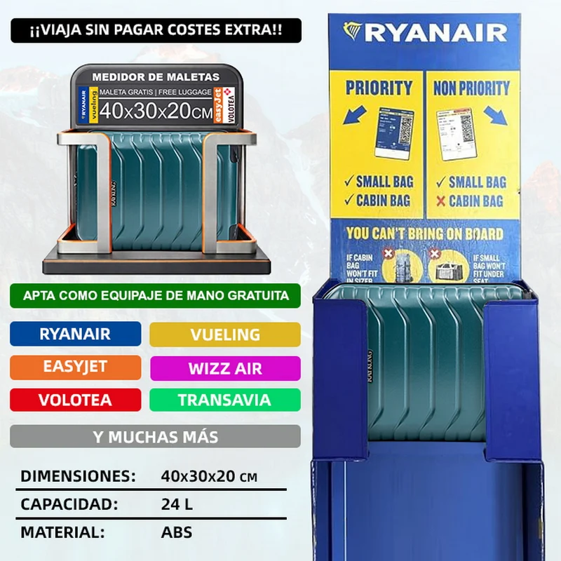 Maleta de Cabina ABS 40x30x20(24L)| Capacidad Máxima| Equipaje de Mano con Ruedas Desmontables para Ryanair | Vueling | EasyJet - Verde