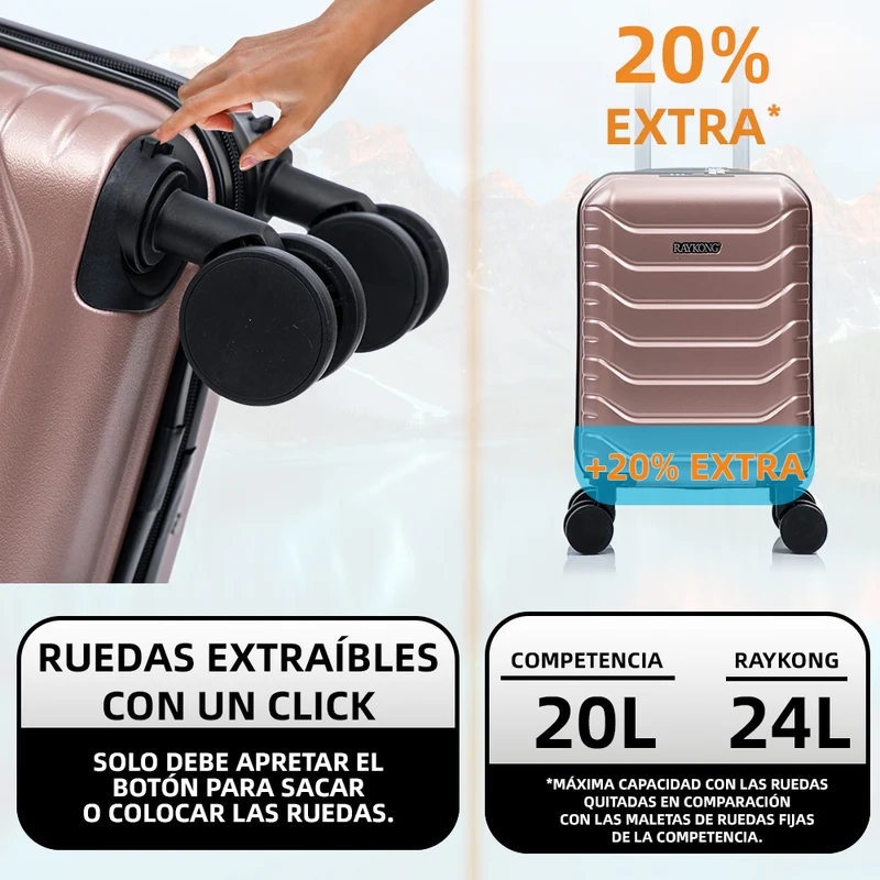 Maleta de Cabina ABS 40x30x20(24L)| Capacidad Máxima| Equipaje de Mano con Ruedas Desmontables para Ryanair | Vueling | EasyJet - Rosa Dorado