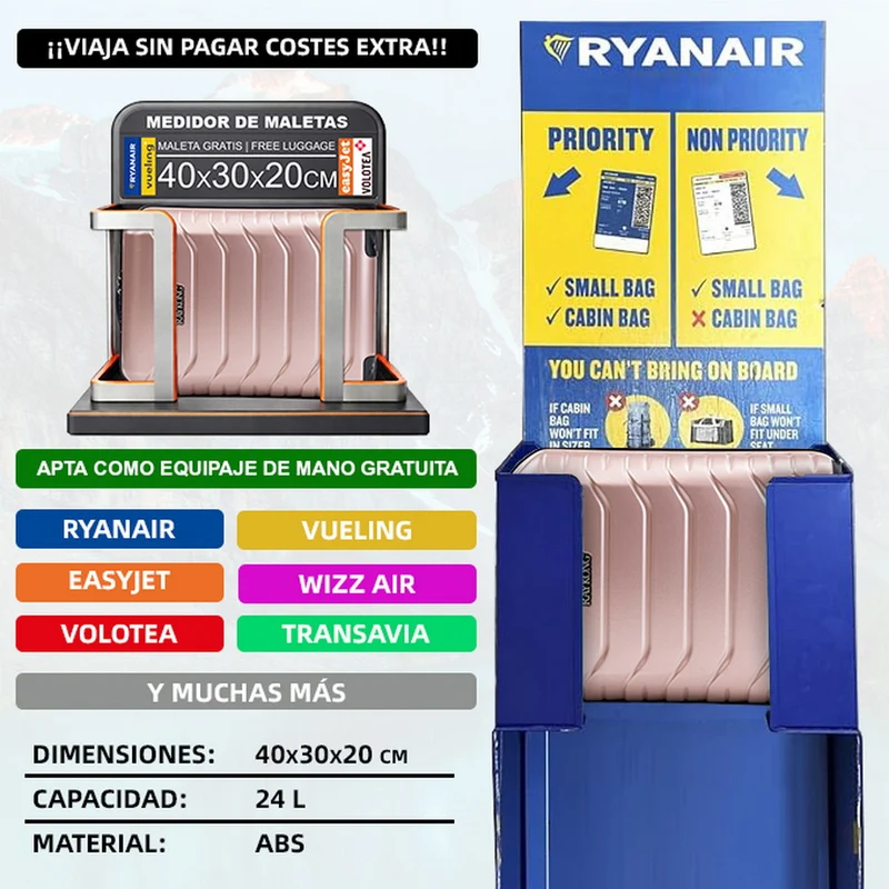 Maleta de Cabina ABS 40x30x20(24L)| Capacidad Máxima| Equipaje de Mano con Ruedas Desmontables para Ryanair | Vueling | EasyJet - Rosa Dorado