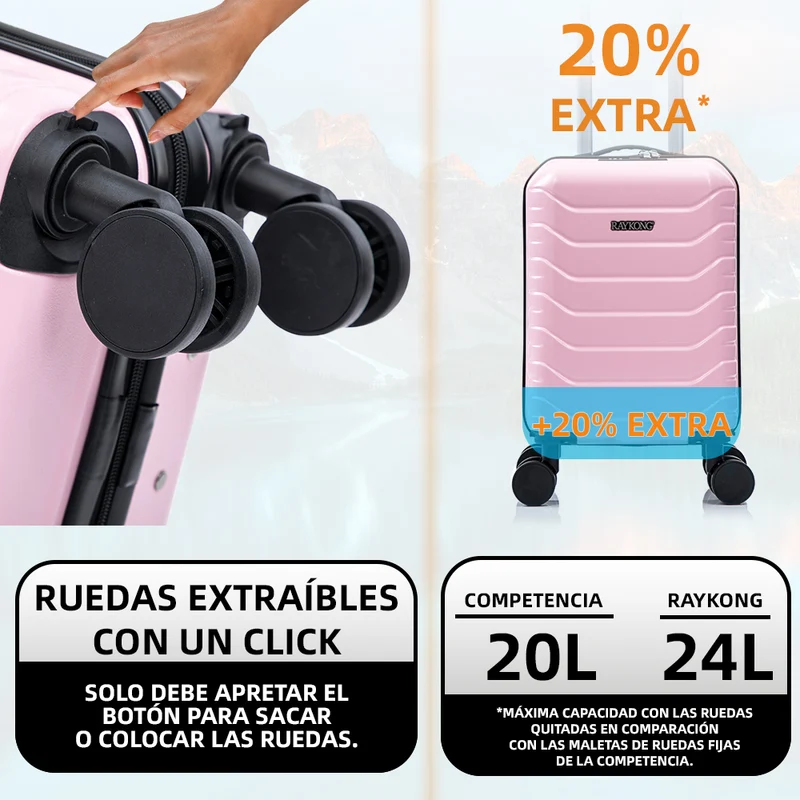 Maleta de Cabina ABS 40x30x20(24L)| Capacidad Máxima| Equipaje de Mano con Ruedas Desmontables para Ryanair | Vueling | EasyJet - Rosa Claro