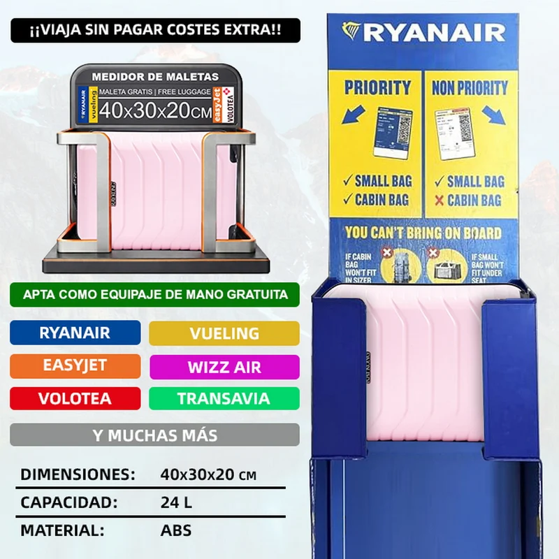 Maleta de Cabina ABS 40x30x20(24L)| Capacidad Máxima| Equipaje de Mano con Ruedas Desmontables para Ryanair | Vueling | EasyJet - Rosa Claro