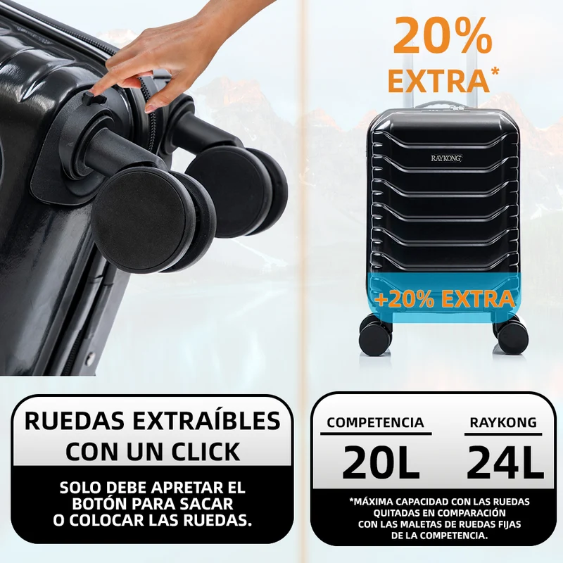 Maleta de Cabina ABS 40x30x20(24L)| Capacidad Máxima| Equipaje de Mano con Ruedas Desmontables para Ryanair | Vueling | EasyJet - Negro