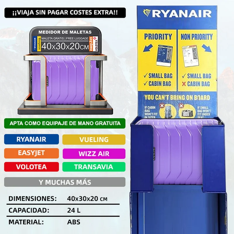 Maleta de Cabina ABS 40x30x20(24L)| Capacidad Máxima| Equipaje de Mano con Ruedas Desmontables para Ryanair | Vueling | EasyJet - Morado