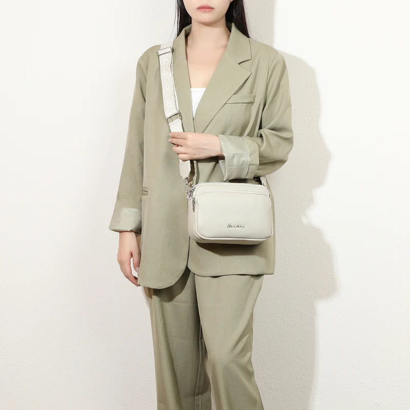 Bolso bandolera mujer pequeño de cuero PU tres compartimentos y dos bandoleras, bolso mensajero para cruzar polipiel regalo original para mujer - Beige