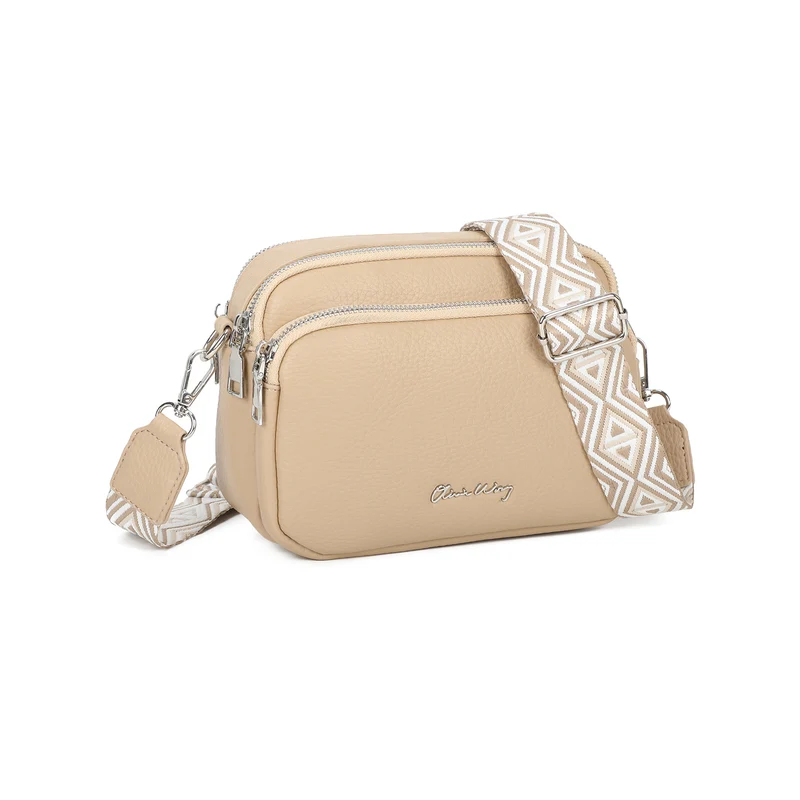 Bolso bandolera mujer pequeño de cuero PU tres compartimentos y dos bandoleras, bolso mensajero para cruzar polipiel regalo original para mujer - Taupe