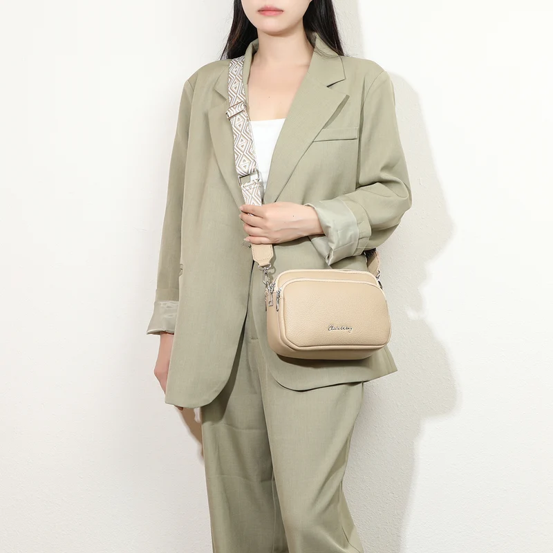 Bolso bandolera mujer pequeño de cuero PU tres compartimentos y dos bandoleras, bolso mensajero para cruzar polipiel regalo original para mujer - Taupe