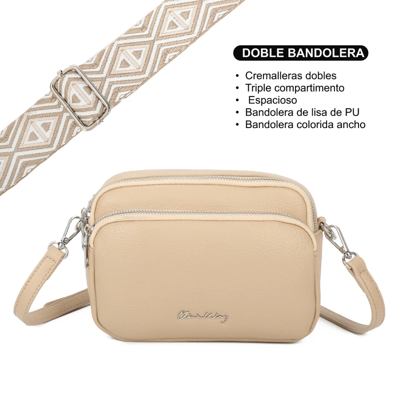 Bolso bandolera mujer pequeño de cuero PU tres compartimentos y dos bandoleras, bolso mensajero para cruzar polipiel regalo original para mujer - Taupe