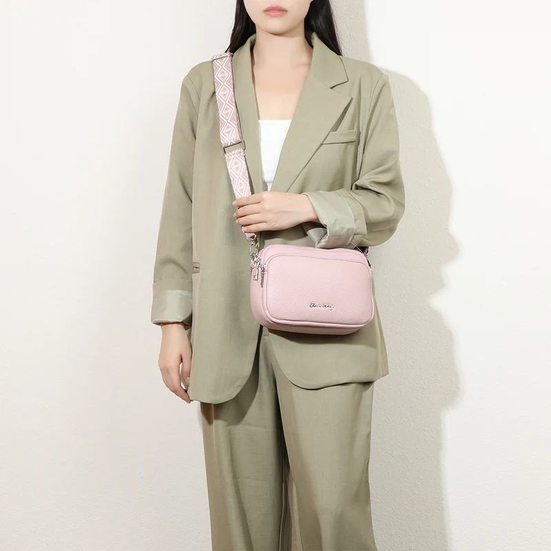 Bolso bandolera mujer pequeño de cuero PU tres compartimentos y dos bandoleras, bolso mensajero para cruzar polipiel regalo original para mujer - Rosa