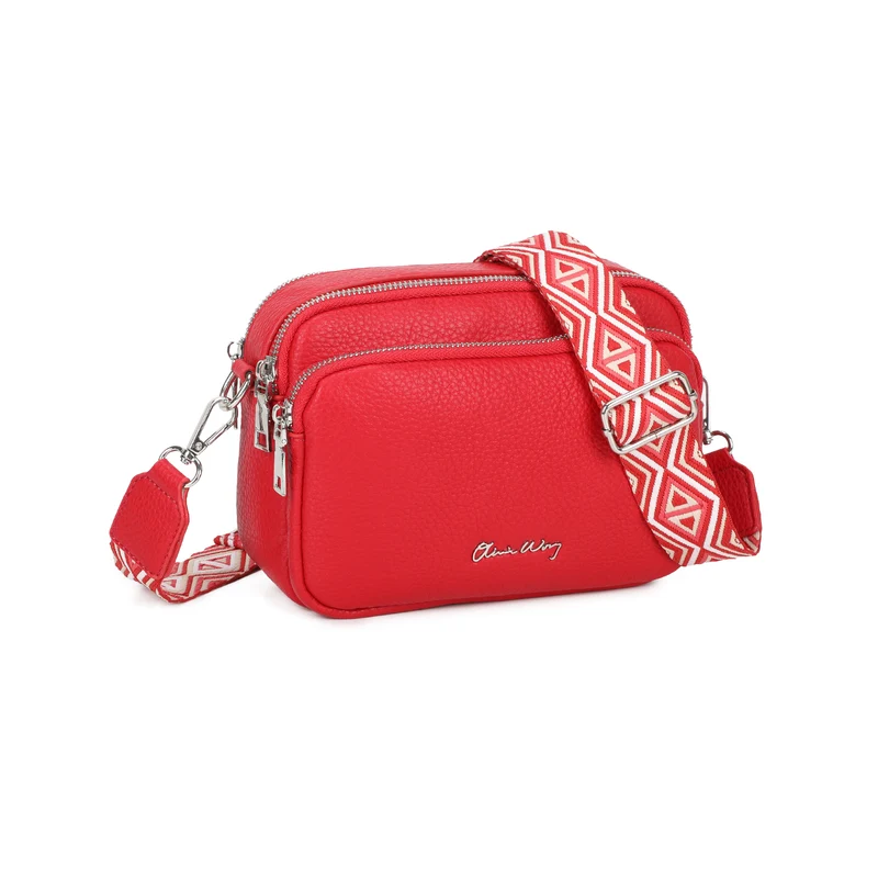 Bolso bandolera mujer pequeño de cuero PU tres compartimentos y dos bandoleras, bolso mensajero para cruzar polipiel regalo original para mujer - Rojo