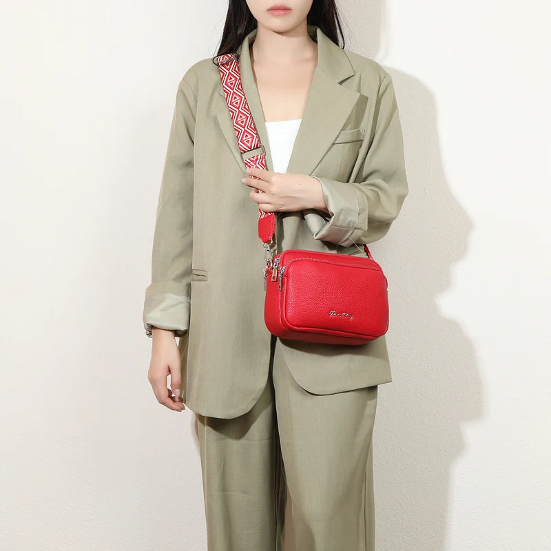 Bolso bandolera mujer pequeño de cuero PU tres compartimentos y dos bandoleras, bolso mensajero para cruzar polipiel regalo original para mujer - Rojo