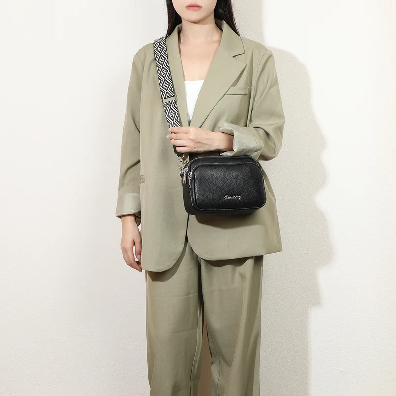 Bolso bandolera mujer pequeño de cuero PU tres compartimentos y dos bandoleras, bolso mensajero para cruzar polipiel regalo original para mujer - Negro