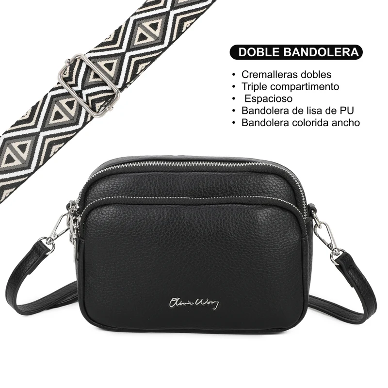 Bolso bandolera mujer pequeño de cuero PU tres compartimentos y dos bandoleras, bolso mensajero para cruzar polipiel regalo original para mujer - Negro