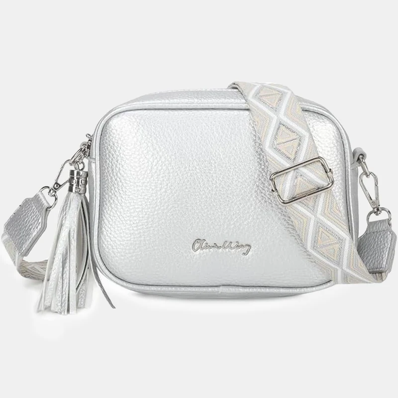 Bolso bandolera mujer pequeño de cuero PU con dos bandoleras bolso mensajero para cruzar PU - Plata