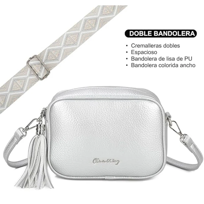 Bolso bandolera mujer pequeño de cuero PU con dos bandoleras bolso mensajero para cruzar PU - Plata