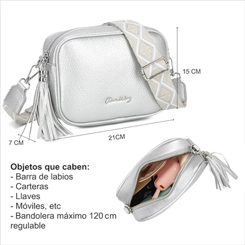 Bolso bandolera mujer pequeño de cuero PU con dos bandoleras bolso mensajero para cruzar PU - Plata
