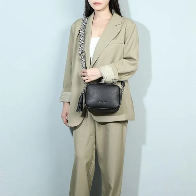 Bolso bandolera mujer pequeño de cuero PU con dos bandoleras bolso mensajero para cruzar PU - Negro
