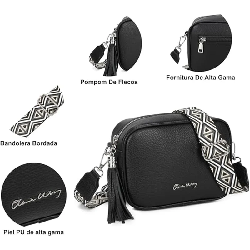 Bolso bandolera mujer pequeño de cuero PU con dos bandoleras bolso mensajero para cruzar PU - Negro