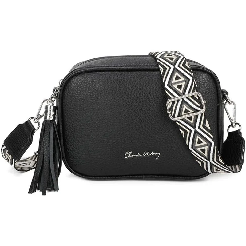 Bolso bandolera mujer pequeño de cuero PU con dos bandoleras bolso mensajero para cruzar PU - Negro