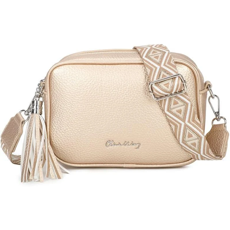 Bolso bandolera mujer pequeño de cuero PU con dos bandoleras bolso mensajero para cruzar PU - Dorado