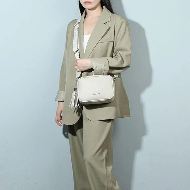 Bolso bandolera mujer pequeño de cuero PU con dos bandoleras bolso mensajero para cruzar PU - Beige