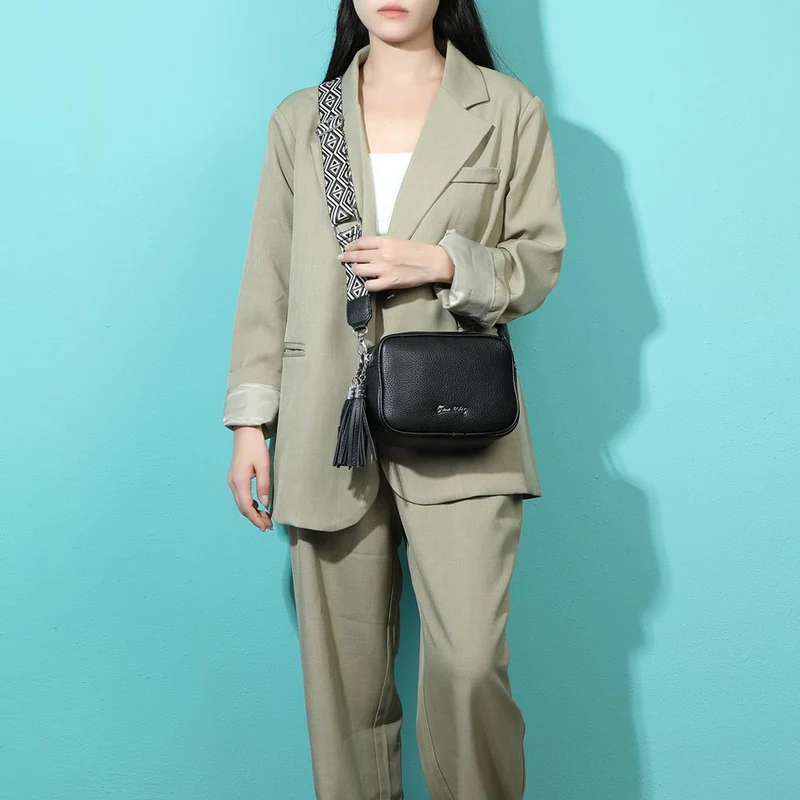 Bolso bandolera mujer pequeño de cuero PU dos compartimentos y dos bandoleras, bolso mensajero para cruzar polipiel regalo original para mujer - Negro