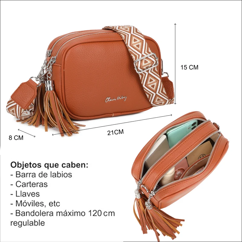 Bolso bandolera mujer pequeño de cuero PU dos compartimentos y dos bandoleras, bolso mensajero para cruzar polipiel regalo original para mujer - Marrón
