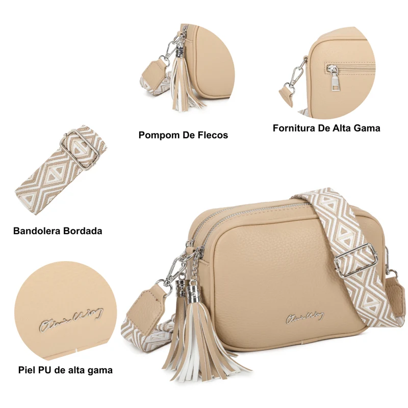 Bolso bandolera mujer pequeño de cuero PU dos compartimentos y dos bandoleras, bolso mensajero para cruzar polipiel regalo original para mujer - Khaki