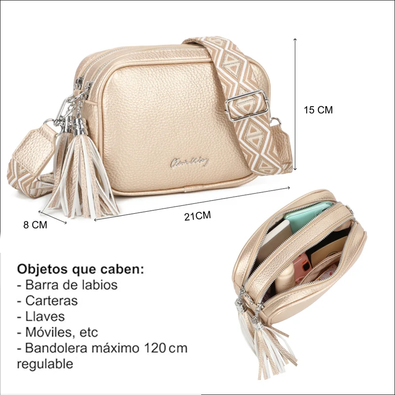 Bolso bandolera mujer pequeño de cuero PU dos compartimentos y dos bandoleras, bolso mensajero para cruzar polipiel regalo original para mujer - Dorado