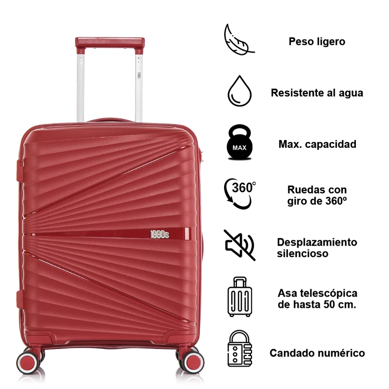 Maleta de cabina 55x39x21.5 cm (46L) Polipropileno - Candado Incrustado - 20 Pulgadas - Burdeos - Chocolate