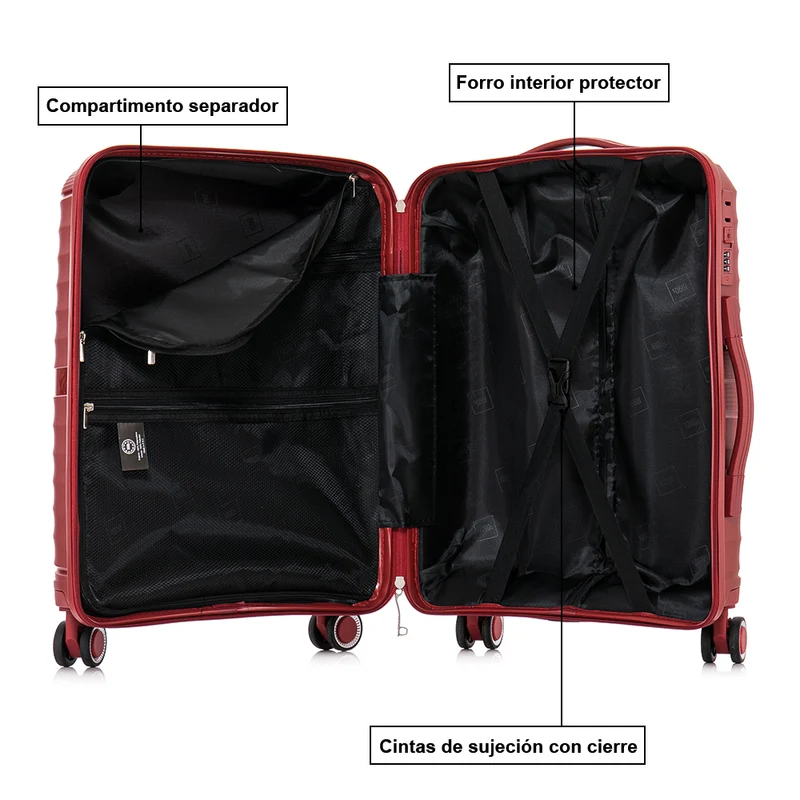 Maleta de cabina 55x39x21.5 cm (46L) Polipropileno - Candado Incrustado - 20 Pulgadas - Burdeos - Chocolate