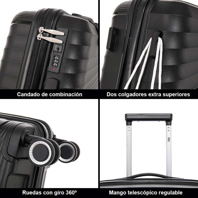 Juego de maletas PP Rígida 3 piezas|Maleta Cabina 55cm|Maleta Mediana 65cm Expandible |Maleta Grande 75cm Expandible |Choco Negro