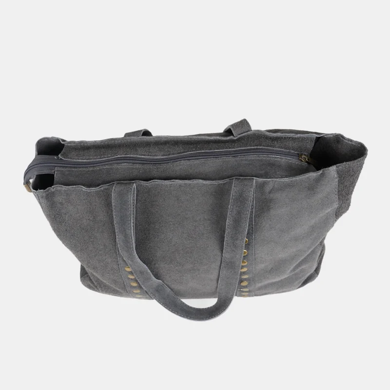 Bolso shopper para mujer de piel serraje con tachuelas gris Alexandra